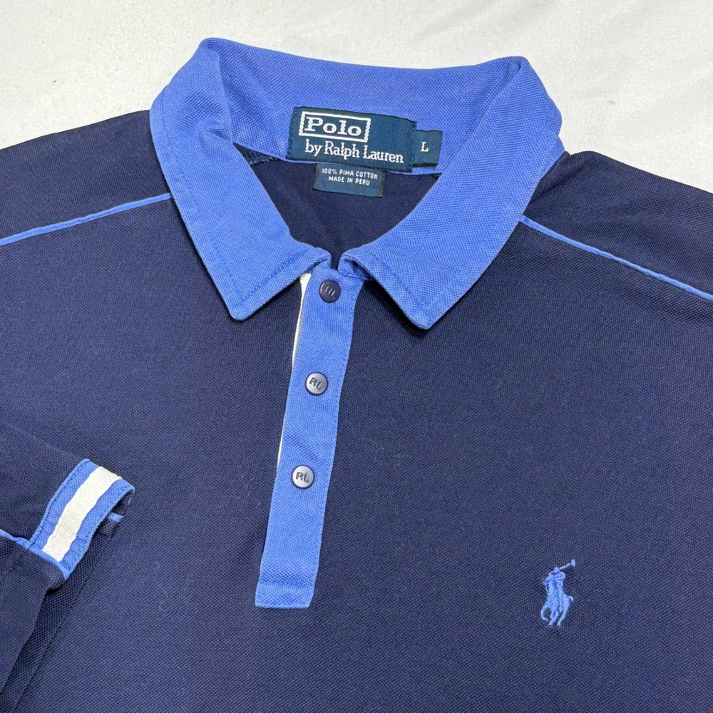 Polo Ralph Lauren Polo Shirt Mens Large Navy Blue Pima Cotton Contrast Trim Golf